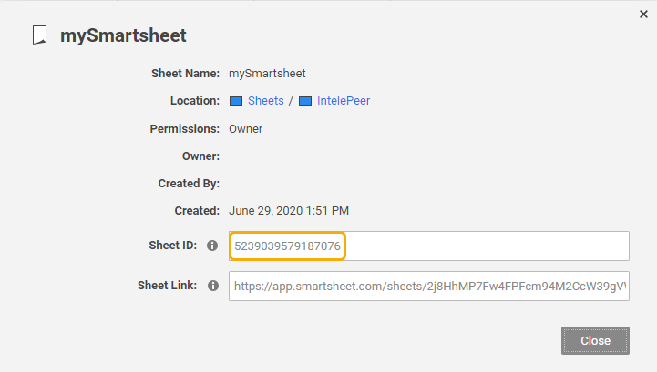 On the Properties window, the Sheet ID field is highlighted